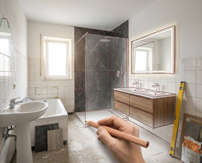 Badsanierung Kassel: Badplanung mit Skizze für neue Dusche und Waschtisch im Bestand
