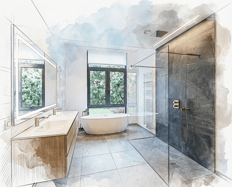 Badumbau Kassel: Bad-Entwurf als Skizze mit Walk-in-Dusche, Wanne und Doppelwaschtisch