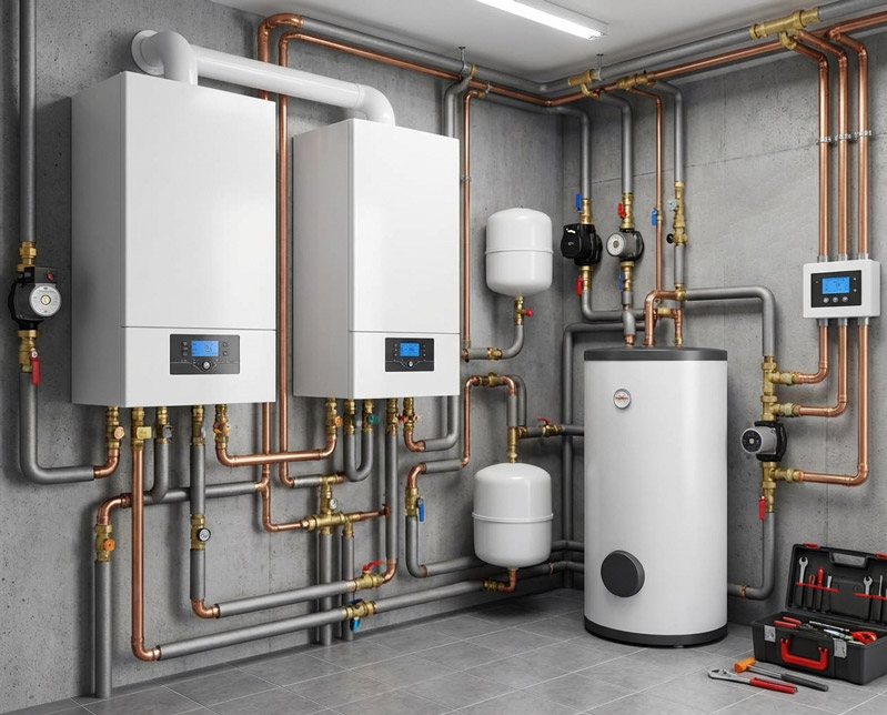Moderne Heizungsanlage im Technikraum – Heizungsinstallation in Kassel mit Speicher und Verrohrung