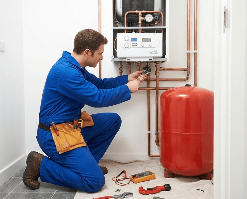 Heizungswartung in Kassel: Monteur prüft Heizung und Leitungen im Technikraum