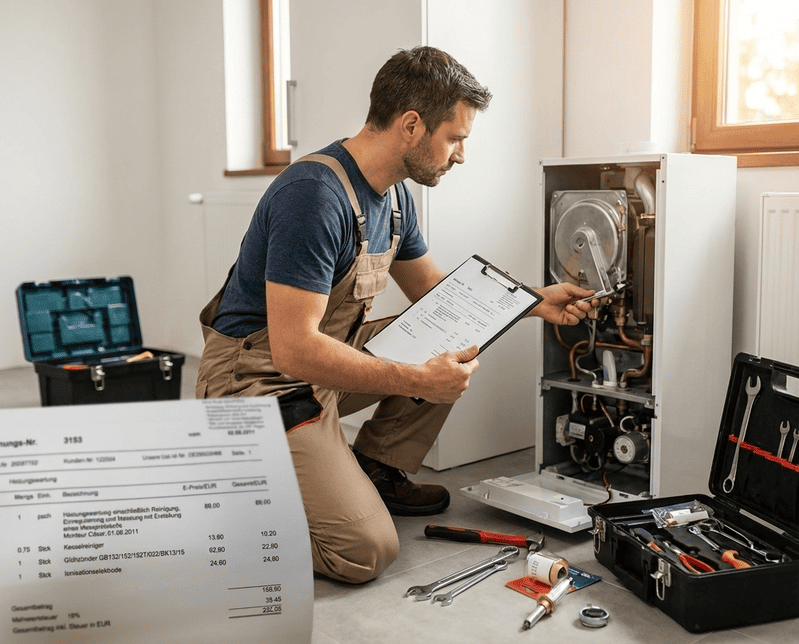 Heizungswartung Kassel: Techniker prüft Heizgerät mit Checkliste und Werkzeug