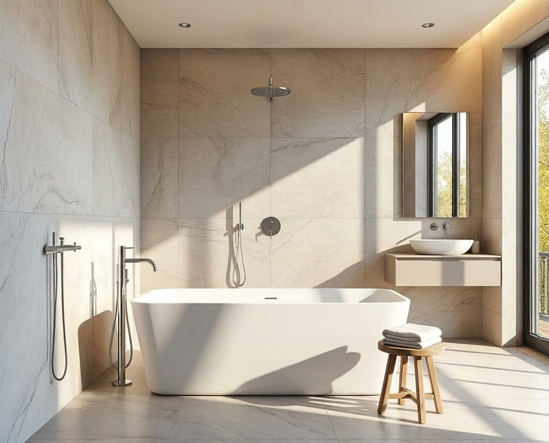 Luxuriöses Bad nach Badsanierung in Kassel mit freistehender Badewanne und Regendusche