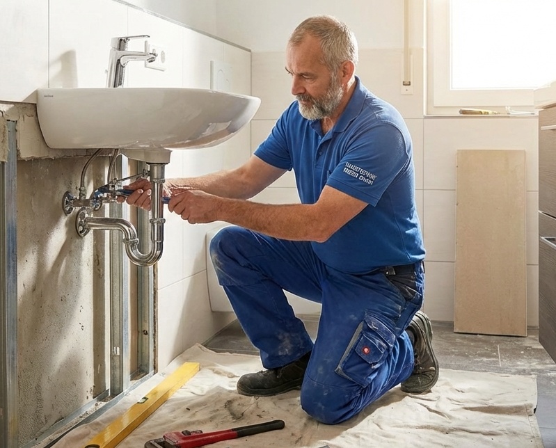 Sanitärinstallateur beim Badumbau in Kassel – Montage von Waschbecken und Abfluss